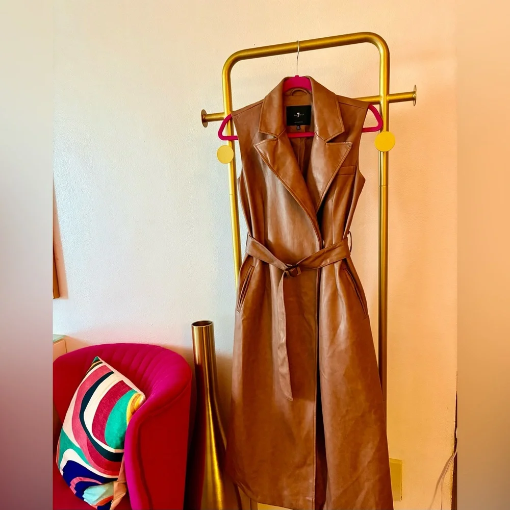7 For All Mankind Sleeveless Faux-Leather Trench Vest/Jacket in Brown/Tan Color - Picture 4 of 13